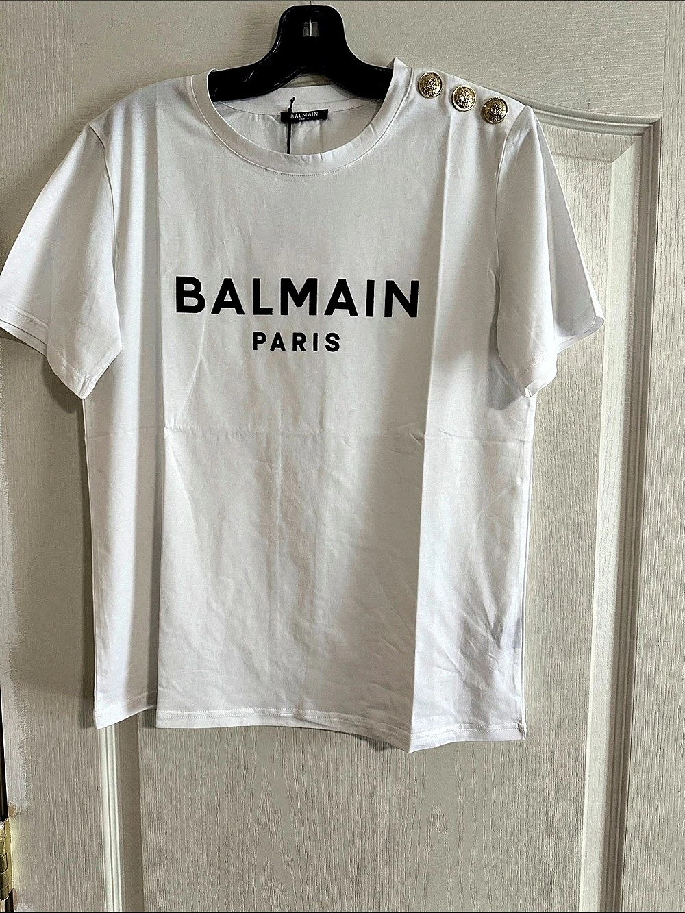 Balmain Button-Shoulder Logo-Print Cotton T-Shirt White